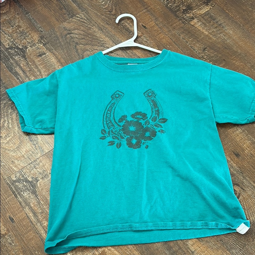 Teal Kids Shirt with Floral horseshoe Design